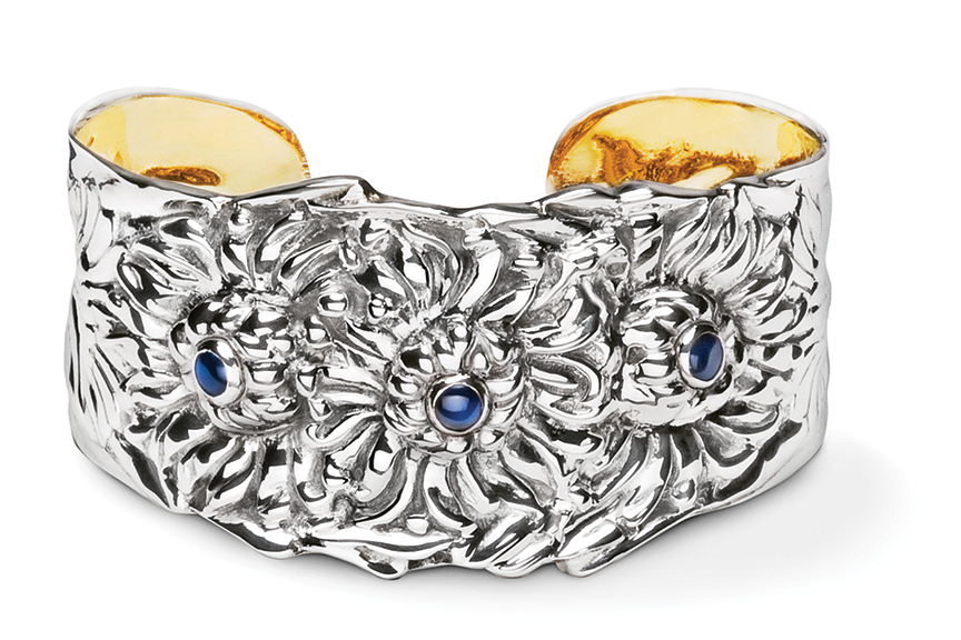 Sterling silver Chrysanthemum Cuff with Sapphire Stones designed by Michael Galmer. Photography by Zephyr Ivanisi and Oliver Ivanisi of [ZeO] Productions.