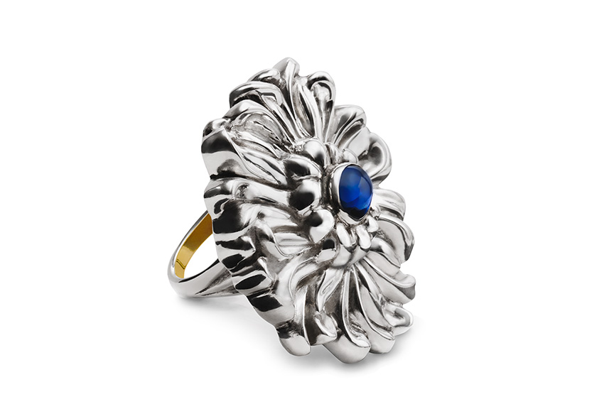 Sterling silver Chrysanthemum Ring with Sapphire designed by Michael Galmer. Photography by Zephyr Ivanisi and Oliver Ivanisi of [ZeO] Productions.