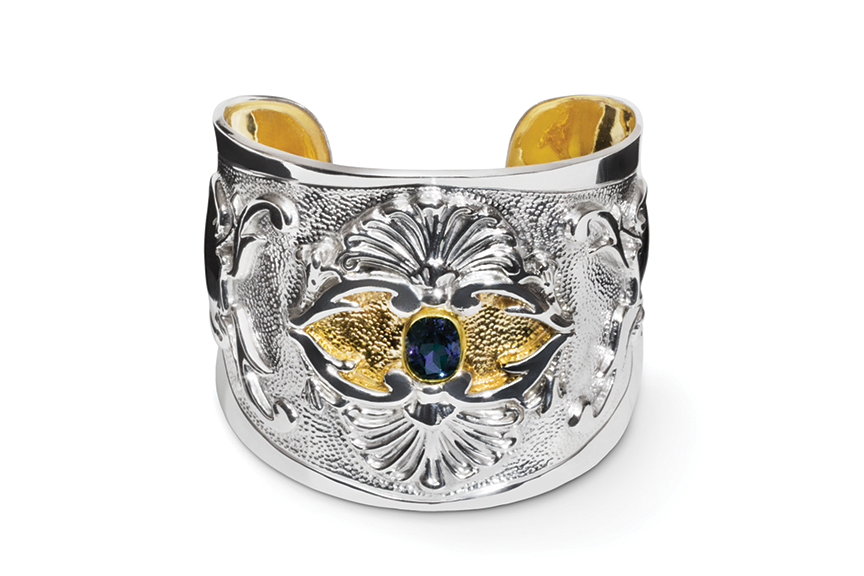 Sterling silver Continental Cuff with Blue Topaz designed by Michael Galmer. Photography by Zephyr Ivanisi and Oliver Ivanisi of [ZeO] Productions.