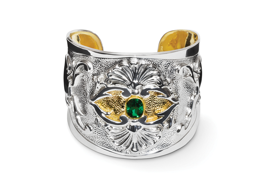 Sterling silver Continental Cuff with Green Topaz designed by Michael Galmer. Photography by Zephyr Ivanisi and Oliver Ivanisi of [ZeO] Productions.