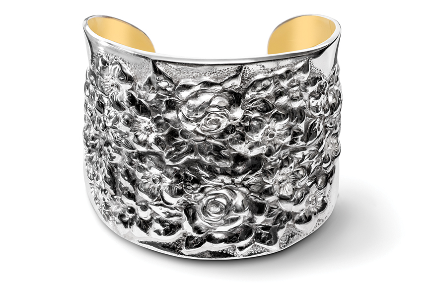 Sterling silver English Rose Cuff designed by Michael Galmer. Photography by Zephyr Ivanisi and Oliver Ivanisi of [ZeO] Productions.