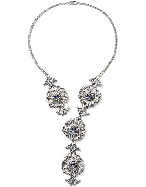 Sterling silver Sapphire Chrysanthemum Wrap Necklace designed by Michael Galmer. Photography by Zephyr Ivanisi and Oliver Ivanisi of [ZeO] Productions.